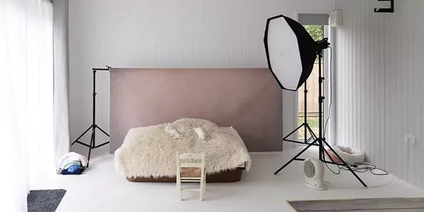 Interior of a Photography Studio in Garden with backdrop, lighting and props