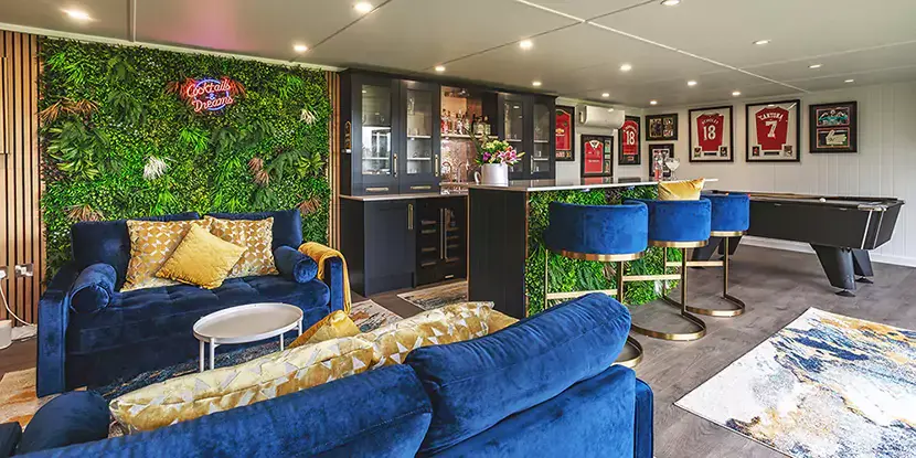 interior of a garden bar man cave with bright decor 