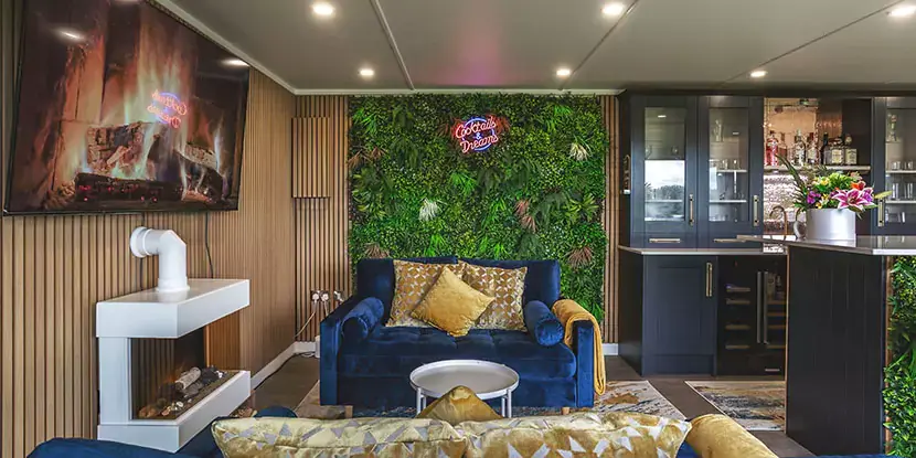 interior of a garden bar with a log burner inside 