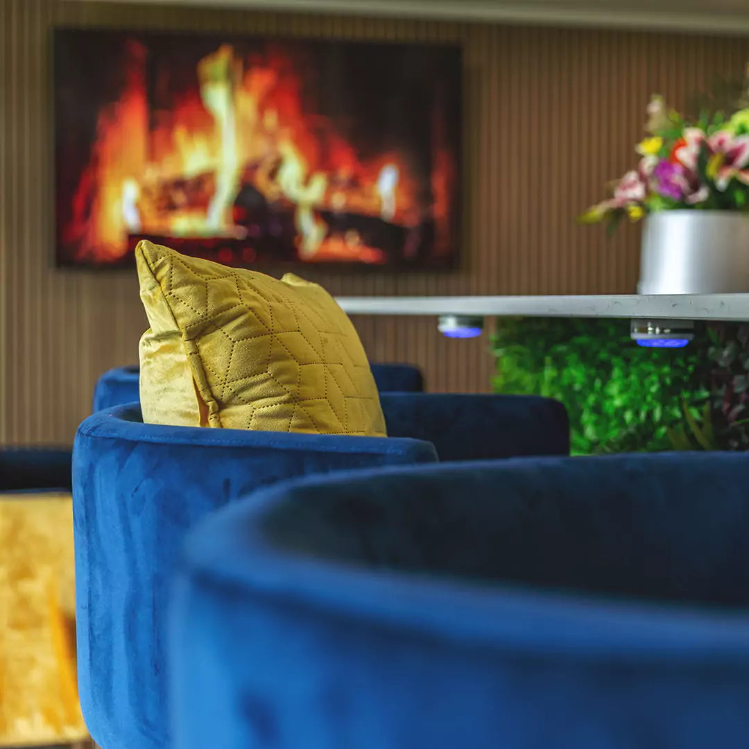 garden bar with velvet blue sofas and indoor plant wall with neon sign