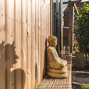 outside of a garden aesthetic room with buddha