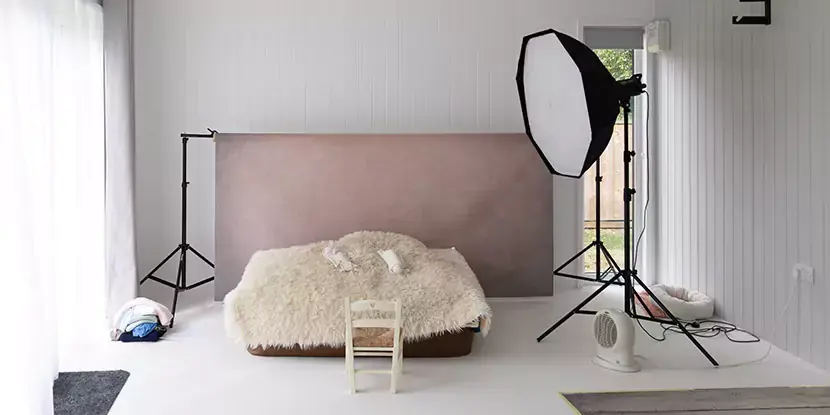 Interior of a Photography Studio in Garden with backdrop, lighting and props 