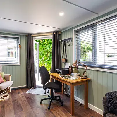 Interior of a small garden office shed