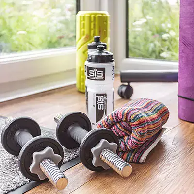 Close up of home gym equipment in garden room gym