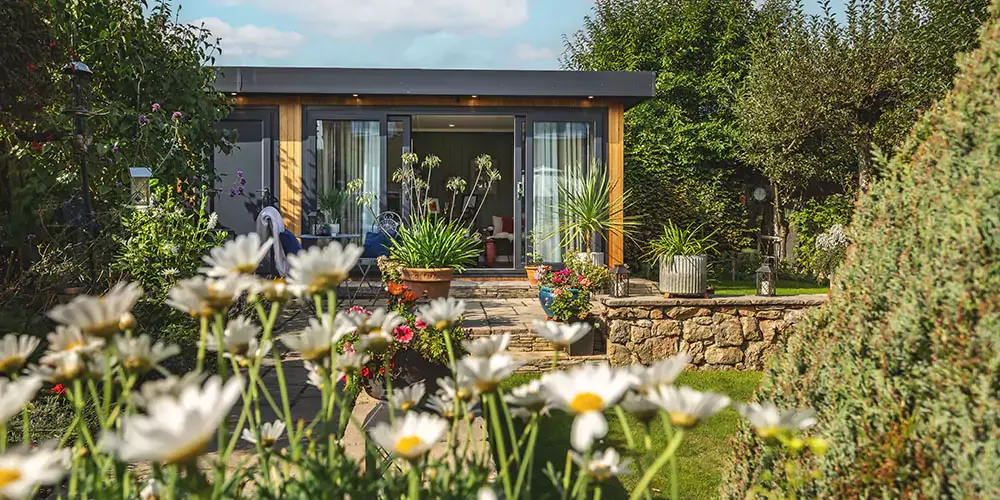 Corner garden room in frosty winter garden 